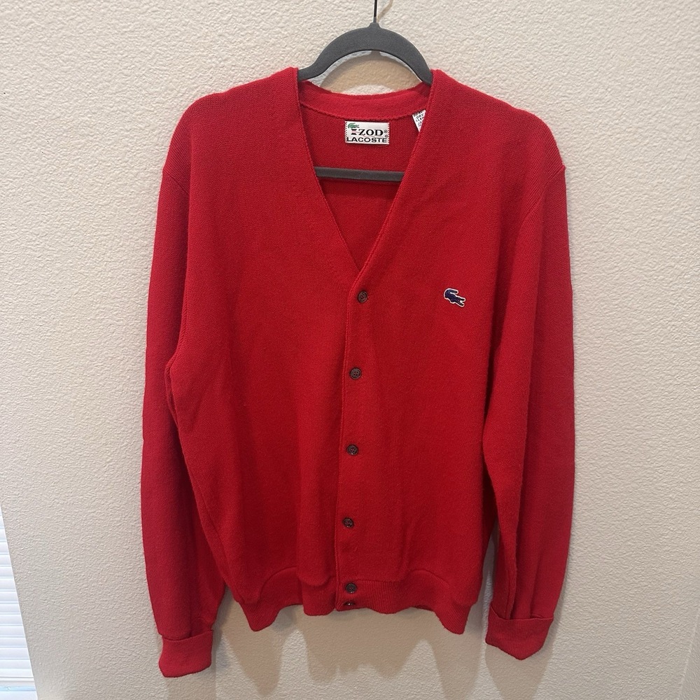 Vtg Izod Lacoste Sweater Red Cardigan XL 80s Preppy USA Union Made Grandpa